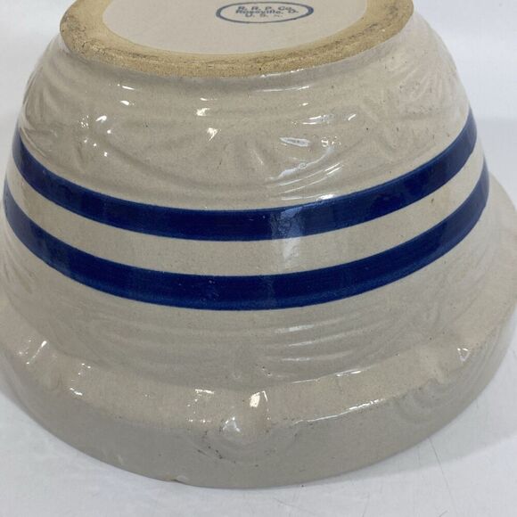 Vtg RRP ROSEVILLE OHIO POTTERY STONEWARE MIXING BOWL Blue Stripes 10” Farmhouse - Picture 9 of 11